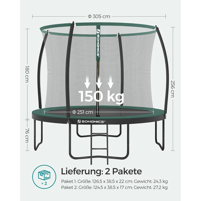 Батут SONGMICS Outdoor Ø 244/305/366/427 см, круглий, для саду, з сіткою безпеки, захисним бордюром, сходами та м'якими стійками, 366 см, чорний + темно-зелений