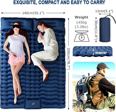 Саморозкладальний килимок для кемпінгу YuanDiann 200x140 см на 2 особи, ультралегкий, з помпою та подушкою, блакитний