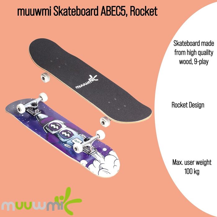 Скейтборд muuwmi ABEC 5 з рюкзаком, унісекс, хвильовий дизайн «Ракета»