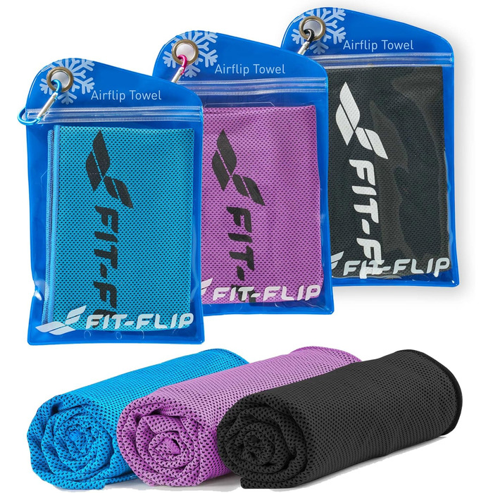 Охолоджувальні рушники Fit-Flip 3 шт. – для фітнесу та спорту – мікрофібра, рушник для шиї – Airflip, рушники Cool Ice Towel, 100x30 см, 3 шт. (чорний, синій, фіолетовий)