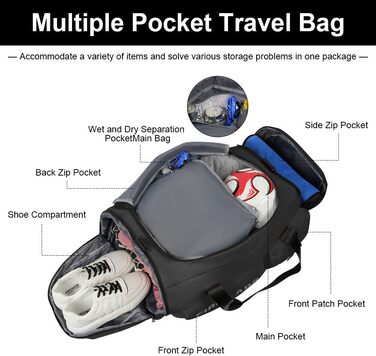 Спортивна сумка Flintronic 65L для тренувань та подорожей з відділенням для взуття та мокрих речей, функцією рюкзака та тримачем для валізи, чорна