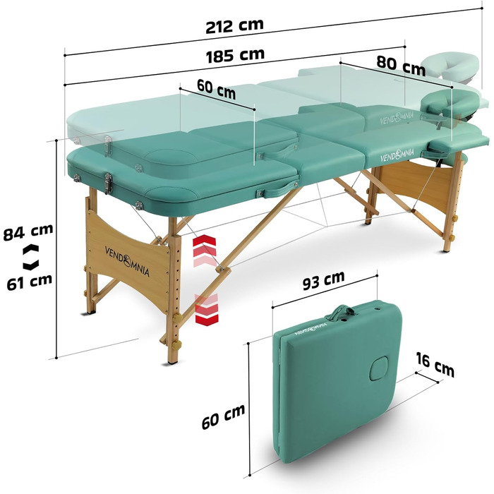 Масажний стіл VENDOMNIA з дерев'яними ніжками, 3 зони, регульована висота, включає подушку для голови, сумку, підлокітники, складаний, кольори в наявності
