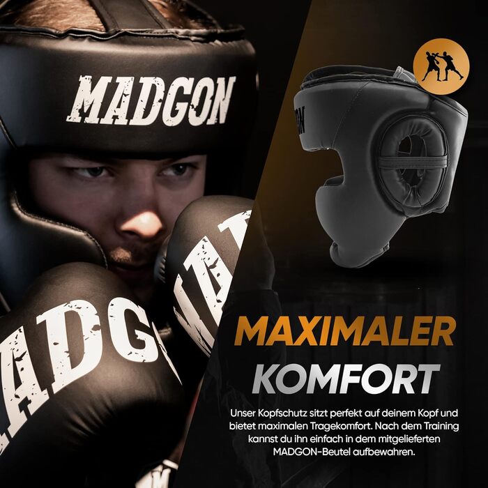 MADGON Преміальний боксерський шолом із захистом обличчя для MMA, боксу, кікбоксингу та спарингу, максимальний огляд і безпека, розмір M, чорний