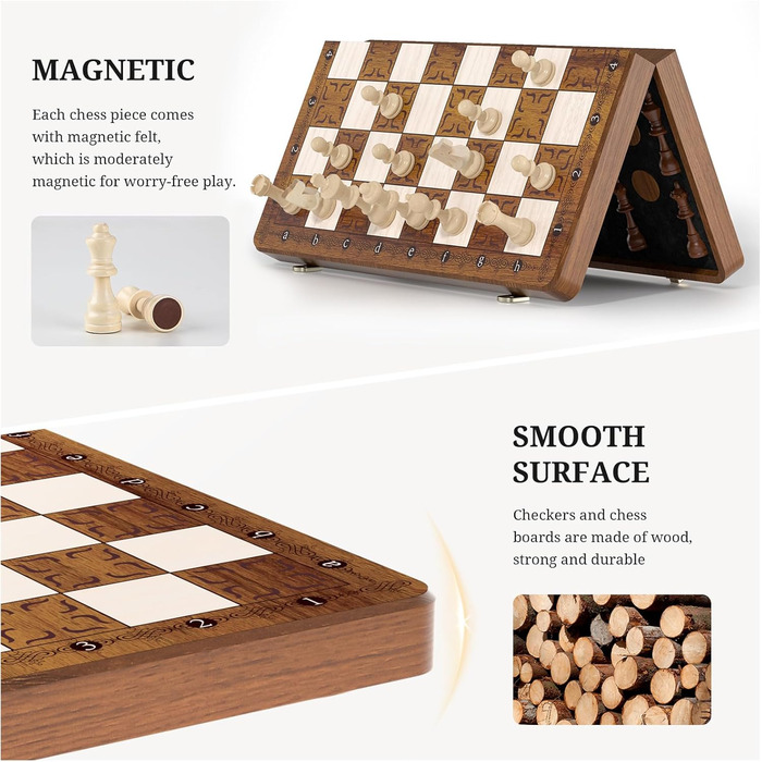 Шахи магнітні 2в1 - 39x39 см, складане шахове поле з дерева, преміум-якість, 32 фігури + 2 дами, для дорослих та дітей
