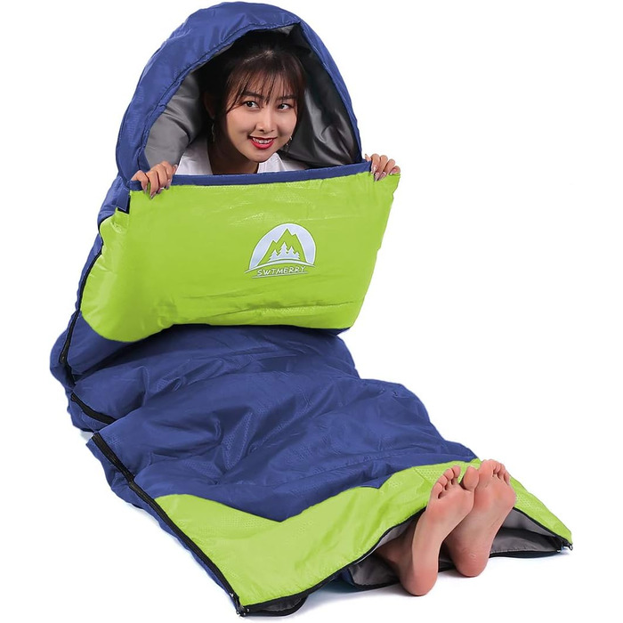 Сплячий мішок SWTMERRY для 3-4 сезони (літо, весна, осінь, зима) - теплий та легкий. Підходить для дорослих та підлітків, для походів, кемпінгу та рюкзаків. (односпальний, блакитний/зелений)