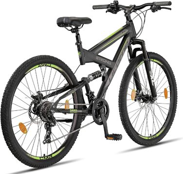 Гірський велосипед Licorne Bike Strong 2D Premium 27,5 дюймів, для хлопців, дівчат, жінок і чоловіків, з дисковими гальмами, 21 швидкість, повна амортизація, чорний/лайм