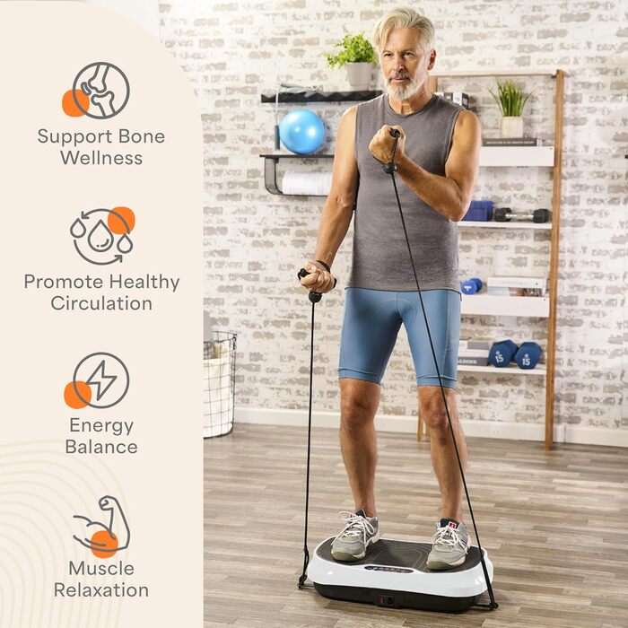 Віброплатформа Lifepro Waver Mini з пультом та гумовими петлями - компактний вібраційний тренажер для лімфодренажу, тонусу м'язів, 99 рівнів інтенсивності, 10 програм (біла)