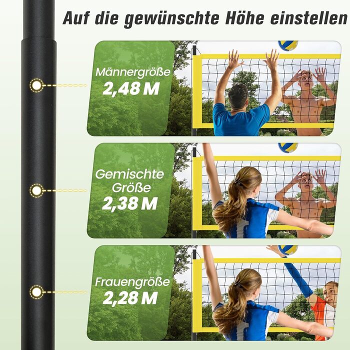 Волейбольна сітка COSTWAY Outdoor, 9,5 x 1 м, регульована висота, з підставкою, насос, молоток та сумка, для саду, пляжу, двору (жовта)