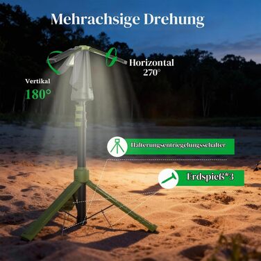 Акумуляторна кемпінгова лампа Minthouz з триножкою, сонячною панеллю та пультом керування, магнітним основам, 5 режимів світла для кемпінгу, майстерні та надзвичайних ситуацій, темно-зелена