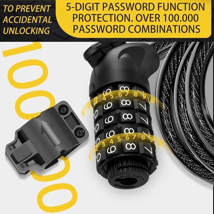 Замки для велосипеда з кодом 12 мм/120 см, антикрадійний трос, 5-значний код, вологостійкий, для велосипеда, електровелосипеда, дитячої коляски, драбини (чорний)