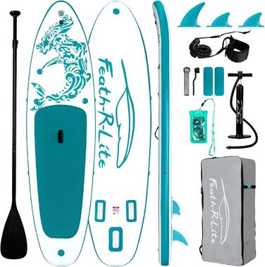 Надлегка SUP-дошка FEATH-R-LITE для дорослих, біло-зелена, широка стійка конструкція, з веслом, насосом, сумкою, преміум аксесуари