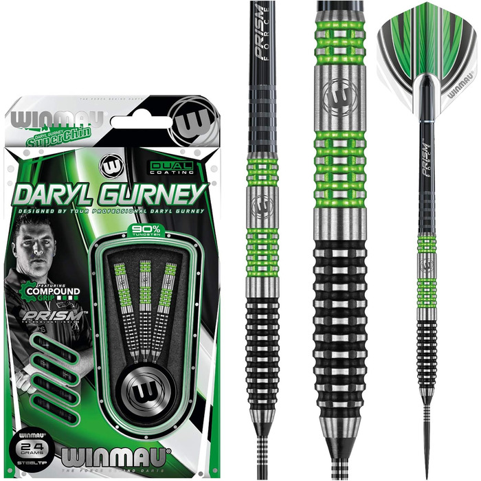 Дротики WINMAU Daryl Gurney 24 г, професійні, вольфрамові, стальні, набір з оперенням і хвостовиками