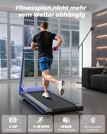 Складне бігове полотно для дому Klappbar 16 km/h, Walking Pad Foldable з нахилом 6%, бігове полотно 158 KG велика площа бігу 112 * 42cm, бігове полотно тихе для дому та офісу (Синьо-Чорний)