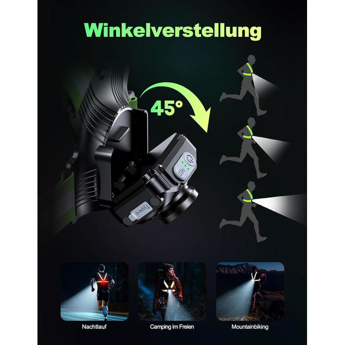 Лампа для бігу Lauflampe Joggen: нагрудна лампа з проблисковим світлом, 500 люмен, кут нахилу 45°, 2 кольори світла, USB-C, IPX4, подвійний ремінь з 360° світловідбивачами для кемпінгу, активного відпочинку, велоспорту (без заднього ліхтаря)