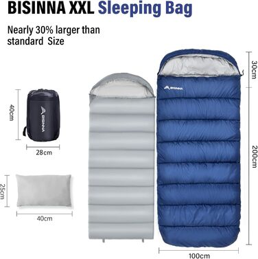 Спальний мішок BISINNA XXL для великих дорослих, 3-4 сезонний, зимовий, теплий, ковдровий, для кемпінгу, великий розмір, синій, ліва блискавка, 2.5 кг
