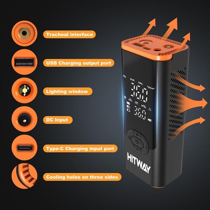Електрична портативна насосна станція HITWAY 6000mAh, 150PSI, акумуляторний компресор для авто, велосипедів, мотоциклів і м'ячів, з функцією Powerbank