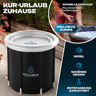 Ritualice® Преміум Ванна для льоду (80 см Ø) XL Комплект - Переможець тесту - Комплект льодової бочки з кришкою, тканиною та XL сумкою - Ідеальна ванна для льоду для криотерапії та відновлення - Ізольована льодова бочка з 5-шаровою ізоляцією, біла з XL су