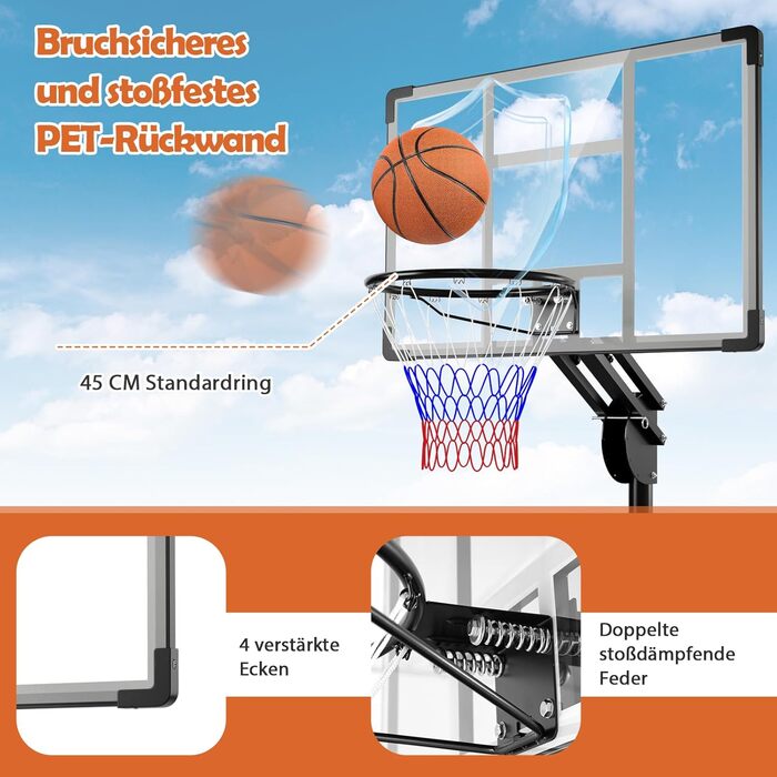 Баскетбольне кільце Gymax вуличне, регульована висота 204-358 см, стійка на колесах, з утяжеленою основою, для підлітків та дорослих 236-305 см