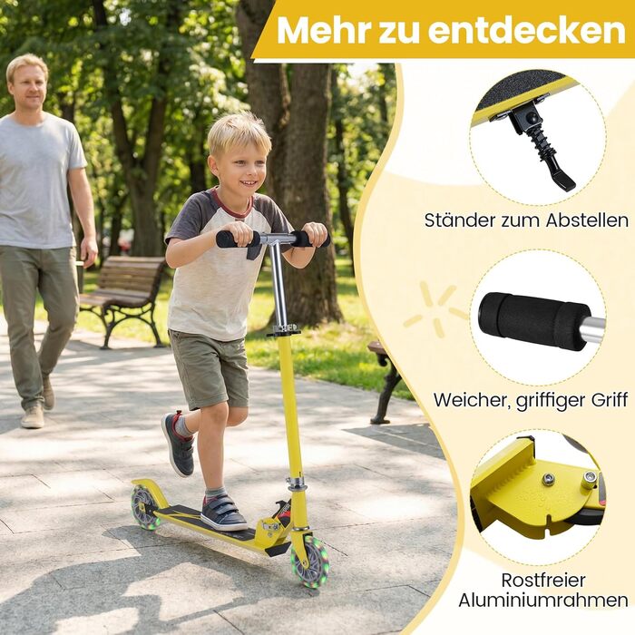 Дитячий ролер GOPLUS Roller Kinder 4 роки з LED-колесами, гальмом на задньому колесі та підніжкою, регульована висота, легкий алюмінієвий, складний, до 70 кг (жовтий)