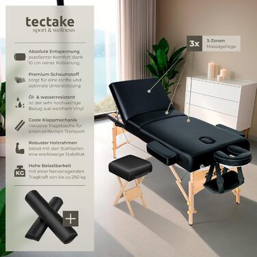 Складаний масажний стіл tectake, регульований по висоті, чорний, для масажу, тату або косметології, з товстою м'якою підкладкою, 2 валики, табурет, сумка, алюмінієва підголівник