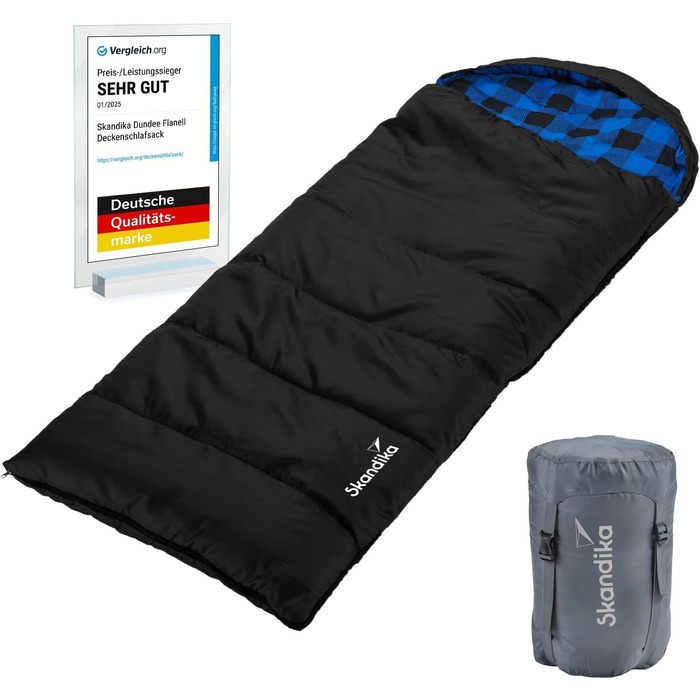 Спальний мішок Skandika Dundee Junior для дітей | Теплий, м'який, водонепроникний, 175 x 70 см, діапазон комфорту 13-3°C, чорно-блакитний в клітинку