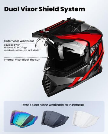 Мотошолом IL Dual Sport Adventure WS902 з сонцезахисним візором, Pinlock, для ендуро, ATV, кросу, ECE, червоний-чорний, розмір L