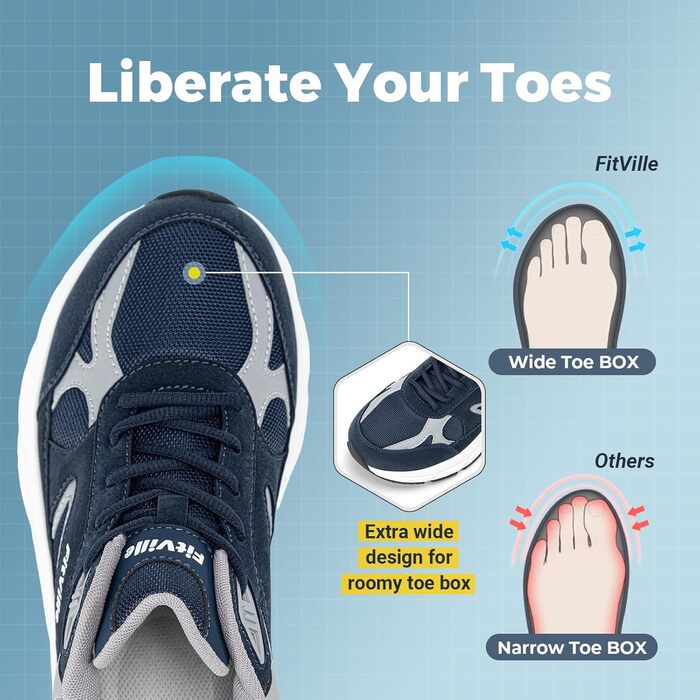 Кросівки FitVille для чоловіків: широкі бігові кросівки, спортивне взуття, неслизькі, дихаючі, для бігу по вулицях, outdoor, для джогінгу, фітнесу, зручні для широкої стопи (42.5 EU X-Wide, темно-синій з сірим)
