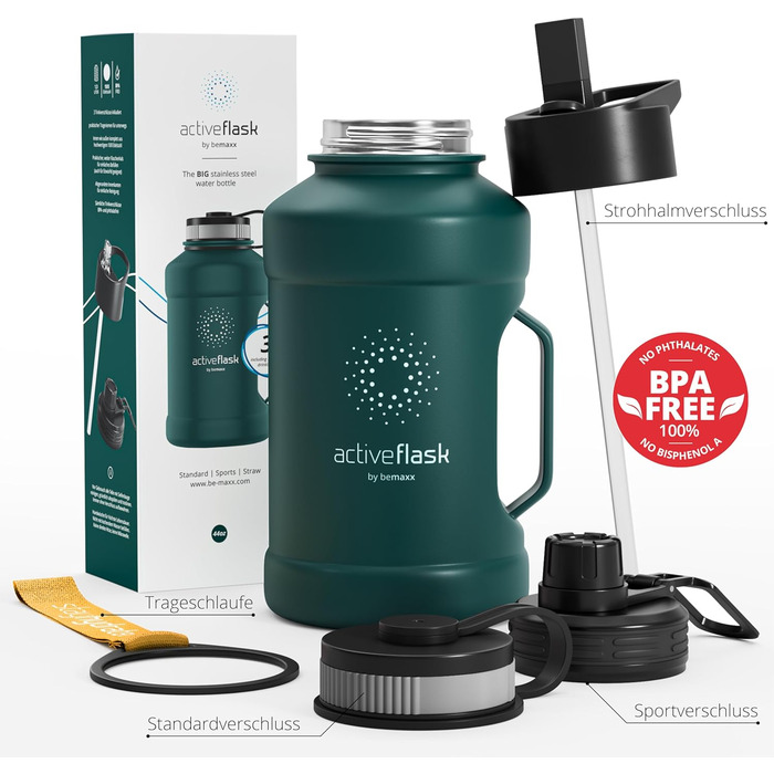 Спортивна пляшка BeMaxx ACTIVE FLASK 1,3 л з нержавіючої сталі, 3 кришки, трубочка, BPA-free, герметична, для води, газованих напоїв, для спорту, фітнесу, туризму