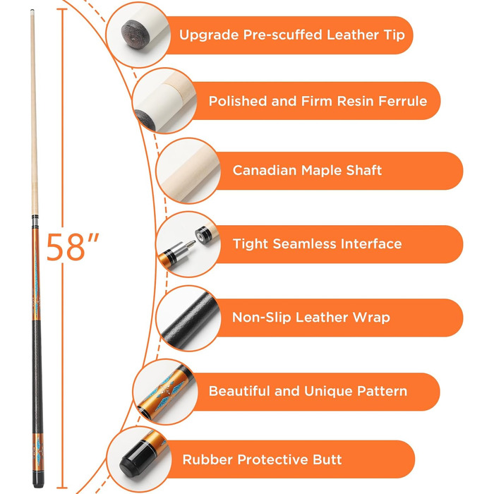 Більярдний кий 18/19/20/21 oz, 58' - професійний кий для більярдного столу, 13mm наконечник, для гри 8/9 куль (Золотий 18oz)