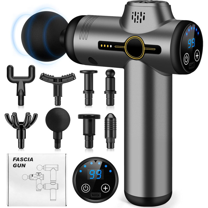 Міні-масажер AQXONG: портативний електричний масажний пістолет з LCD-дисплеєм, 99 швидкостей, 8 насадок, тиха робота 35dB, акумуляторний