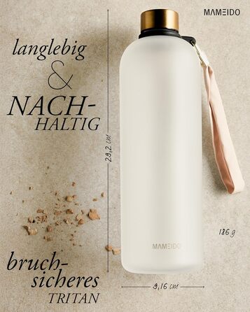 Фляга для води MAMEIDO 1 л з мітками часу, BPA-free, для спорту, фітнесу та офісу (1500 мл, Frosted White Gold)
