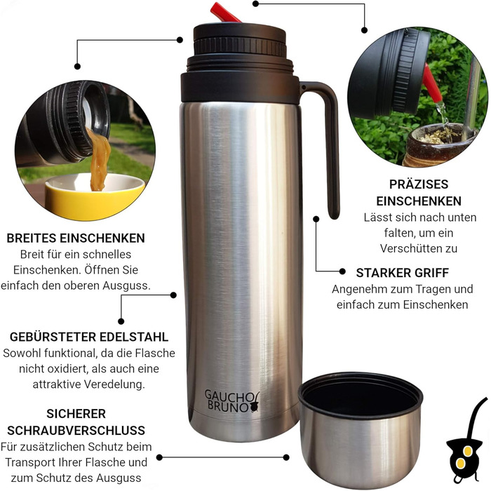 Термос Gaucho Bruno Yerba Mate, 1 л, з ручкою і точним носиком, нержавіюча сталь, для гарячих і холодних напоїв