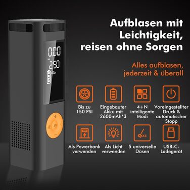Портативний акумуляторний компресор ZETTA 1024 для авто і велосипедних шин, з LED-підсвіткою, 5 насадками, 150 PSI, швидке накачування