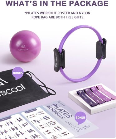 Набір для пілатесу LIONSCOOL Magic Circle з міні-м'ячем, стрічками та інструкцією – фіолетовий