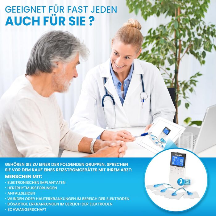 GRUNDIG Пристрій TENS для терапії болю, електростимулятор з 50 програмами та 16 рівнів інтенсивності - 3в1, EMS, акумуляторний, для розслаблення м'язів