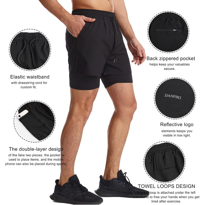 Чоловічі спортивні шорти для бігу 2 в 1, швидковисихаючі, легкі, для тренувань, гімнастики, аутдору, марафону, чорного кольору