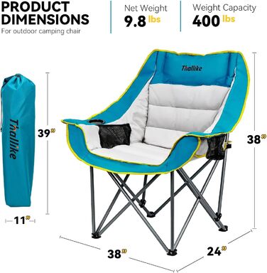 Великий складаний стілець для кемпінгу Thallike, XL, з підлокотниками, для дорослих, блакитний