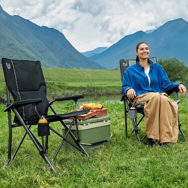 Крісло для кемпінгу Timber Ridge складне 150кг з високою спинкою, портативне, з підстаканником, для риболовлі, пікніків, саду, балкону та спортивних заходів, чорне, класичне