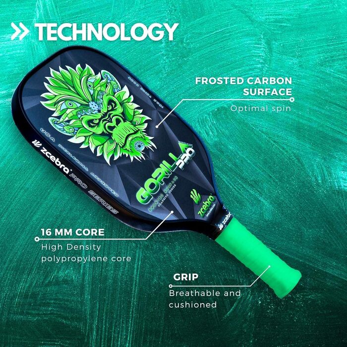 Професійна ракетка для піклболу ZCEBRA Gorilla Pro Green з графіту та карбону, поліпропіленовий стільниковий сердечник 16 мм, текстурована поверхня, у комплекті чохол