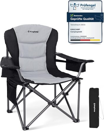 Крісло для кемпінгу KingCamp XXL, 205 кг, чорне, з регульованою спинкою, високою спинкою, кишенею для охолодження та тримачем для напоїв