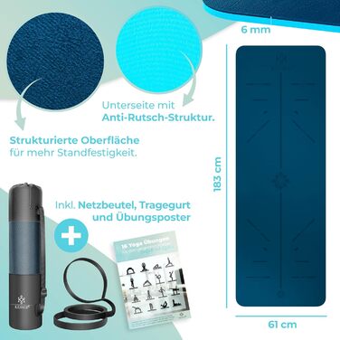 Килимок для гімнастики KESSER® з ручкою для перенесення, антиковзкий, TPE, з підкладкою, фітнес, спортивний, для фітнесу, пілатесу та гімнастики, 183 x 61 см, темно-синій / синій