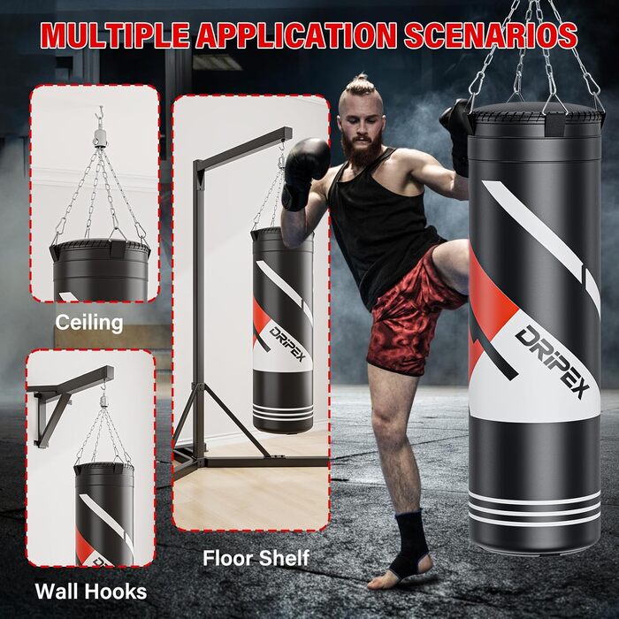 Боксерський мішок Dripex з наповнювачем, важкий підвісний боксерський мішок, комплект з міцним сталевим ланцюгом на 360° та боксерськими рукавичками для тренувань кікбоксингу, фітнесу, MMA