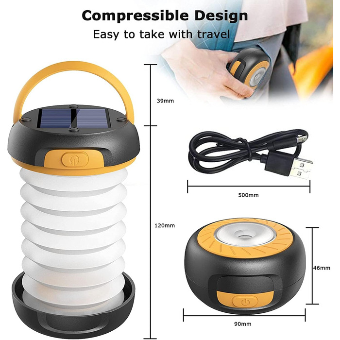 Сонячна кемпінгова лампа LED з акумулятором, 2 способи заряджання (Сонячна/USB), 3 режими світла, включає браслет для виживання з свистком (Жовтий)