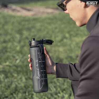 Спортивна пляшка NEUREFY 1 л чорна матова, Tritan, BPA-free, з носиком, для води, з фільтром, індикатором об'єму, для фітнесу, офісу, школи, університету, герметична