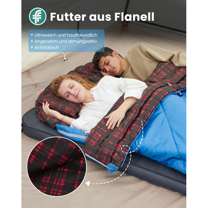 Спальний мішок KingCamp для 2 осіб з фланелі, зимовий, теплий, 3-4 сезони, з 2 подушками, для кемпінгу та відпочинку на природі (синьо-блакитний)