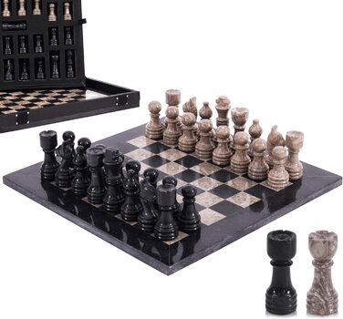Шаховий набір з мармуру для дорослих, ручної роботи, 32 фігури, 2 додаткові королеви, коробка для зберігання, подарунок, декор (чорний & корал)