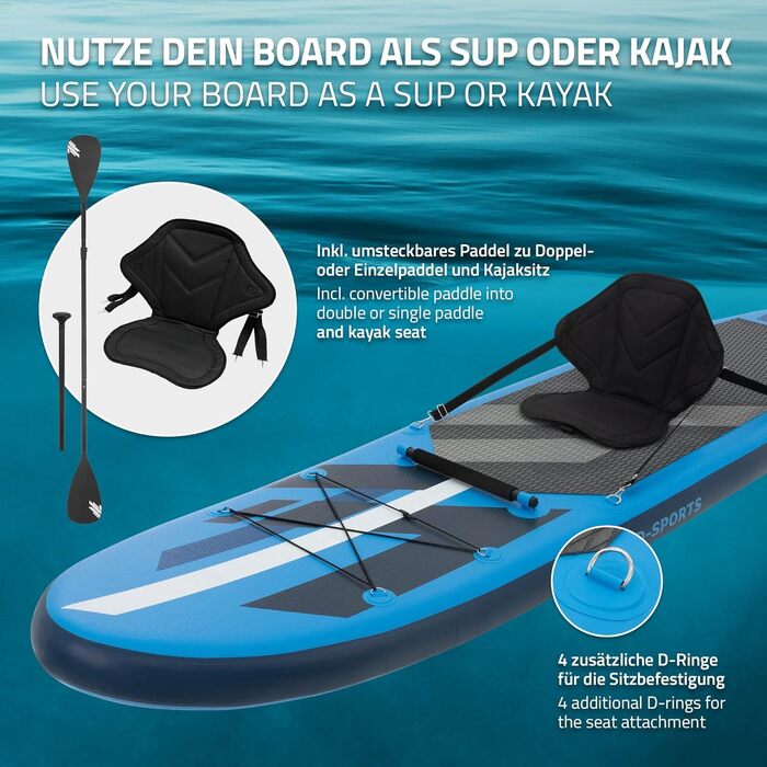 Надувна SUP-дошка ECD Germany з каяк-сидінням, 320x82x15 см, чорна/блакитна/бірюзова/сіро-оранжева, PVC, алюмінієве весло, повний комплект аксесуарів для серфінгу та веслування