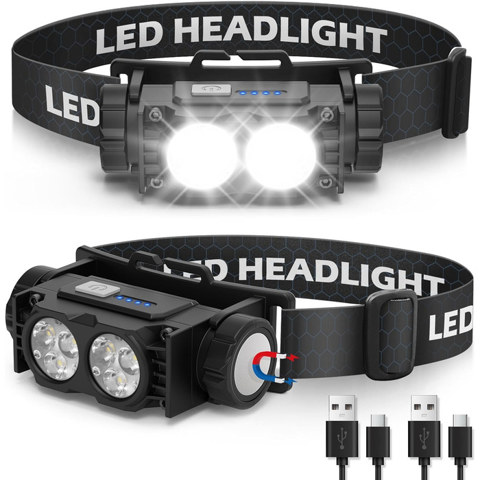 LED налобний ліхтар 2 шт. 2000 люменів, 3 режими, водонепроникний, для риболовлі, бігу, кемпінгу (чорний)