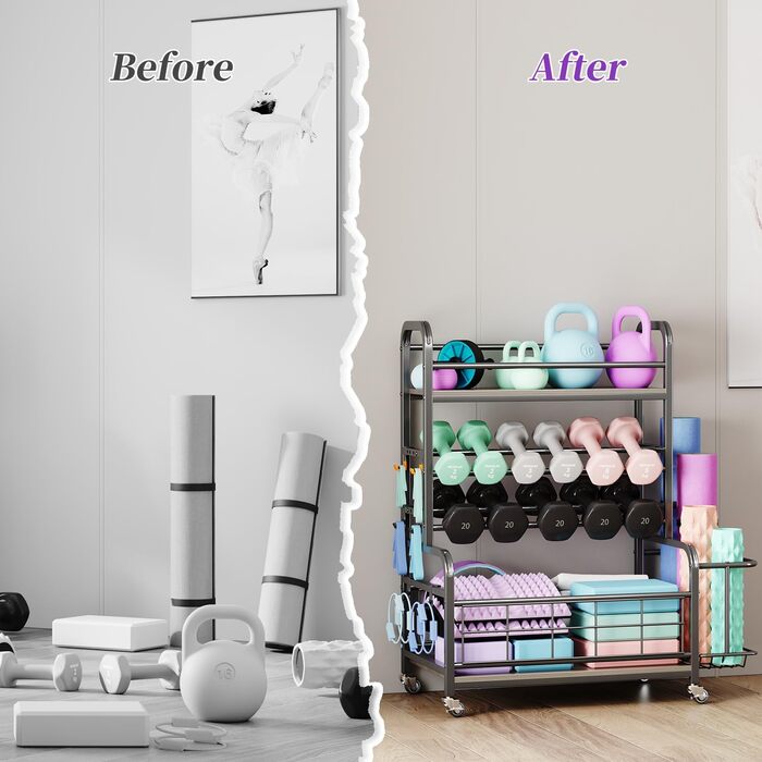 Стійка для гантелей Homeiju: зберігання гантелей, гир, йога-матів, з колесами та гачками (сіра)