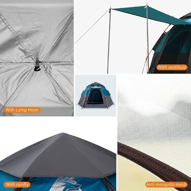 Намет для кемпінгу HEWOLF Pop Up 2-4 особи з тамбуром, Ultralight, сімейний, швидкорозкладний, армійний зелений